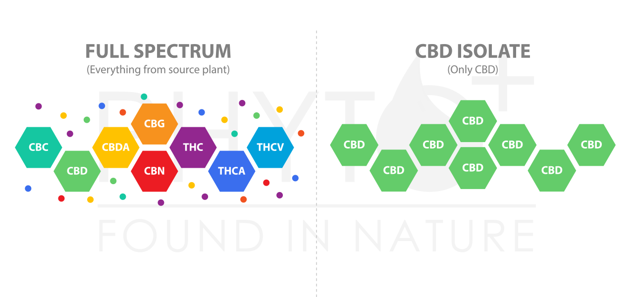 In dem obigen Bild kann man den Unterschied zwischen Full-Spectrum-CBD-Öl und CBD-Öl, das aus Isolat hergestellt ist (99% reine CBD-Kristalle), sehen.