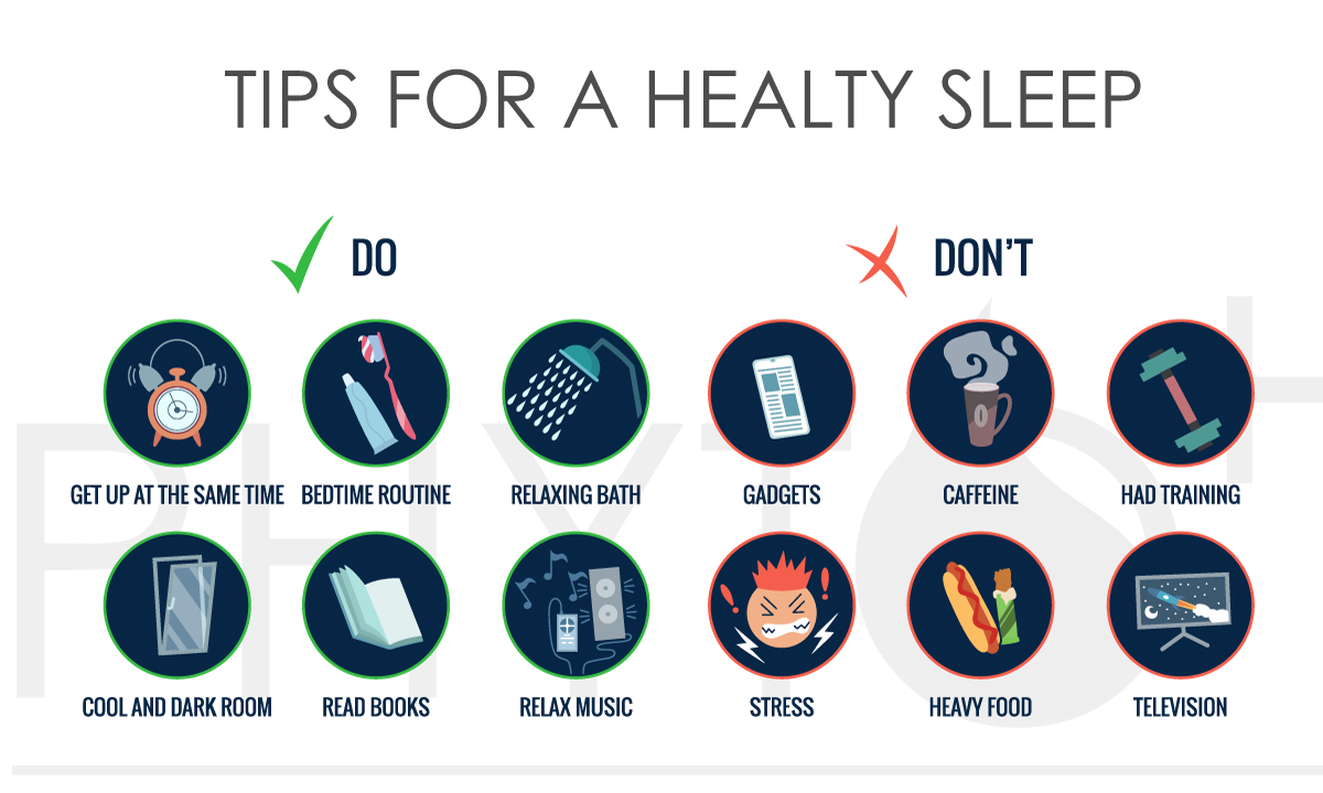 On this image, there are Do's and Don'ts (tips!) for a healthy sleep routine.